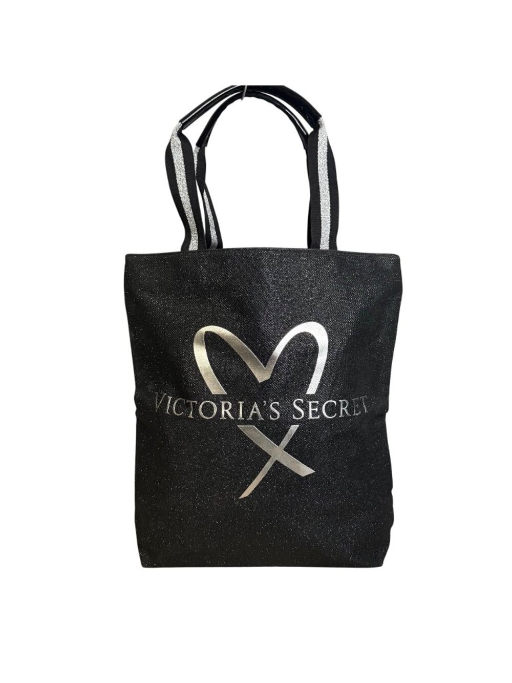 Victorias Secret Black Glitter Canvas Tote Bag With Logo & Striped Handles